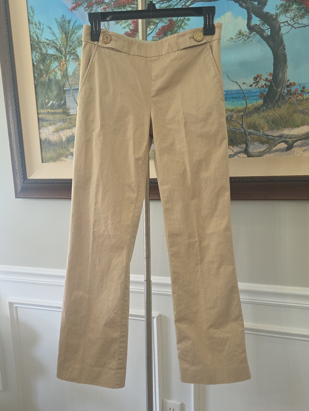 Tory Burch Khaki Button-Detail Boot Cut Pants